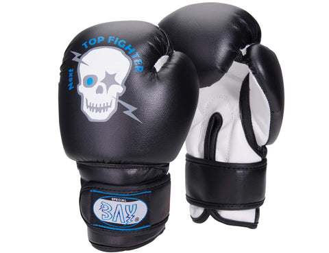 Мини боксови ръкавици за дете, мотив череп, черни, бели, 2 унции