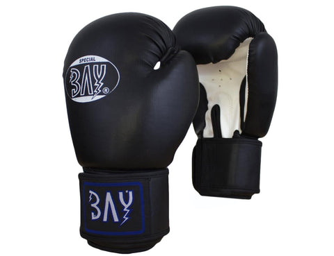 Боксови ръкавици, изкуствена кожа, черни, бели, 6 унции