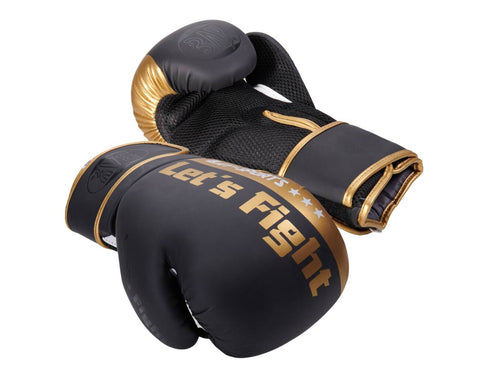 Боксови ръкавици, дишаща мрежеста материя, черни, златисти, 8 унции